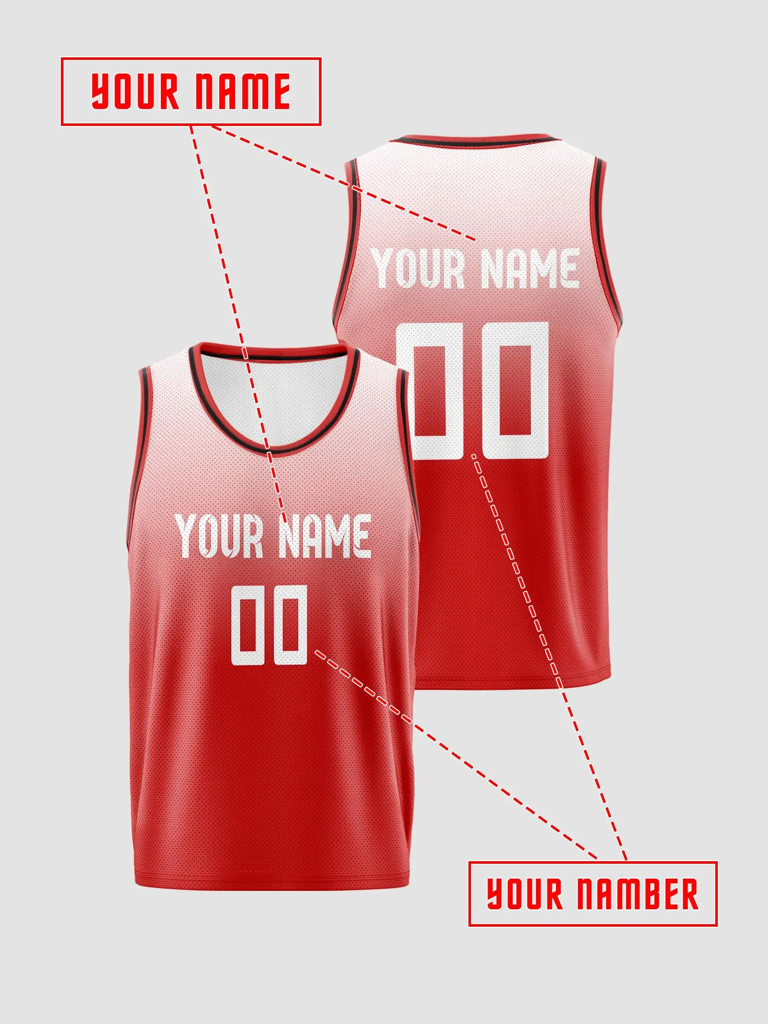 Red and white gradient children's adult customized basketball suit set with breathable mesh that can print names and numbers