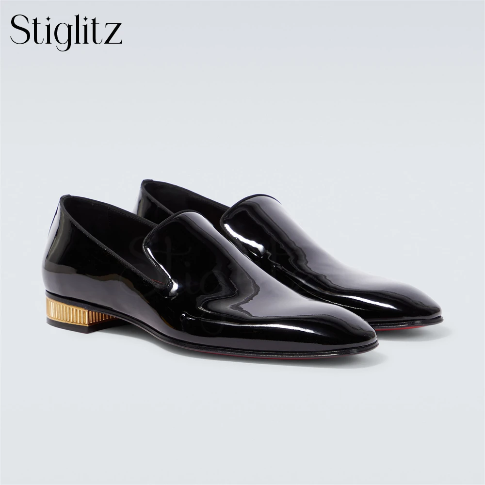 

Metallic Gold Low Chunky Heel Loafers for Men Black Patent Leather Classic Dress Shoes Designer Style Handcrafted Leather Shoes