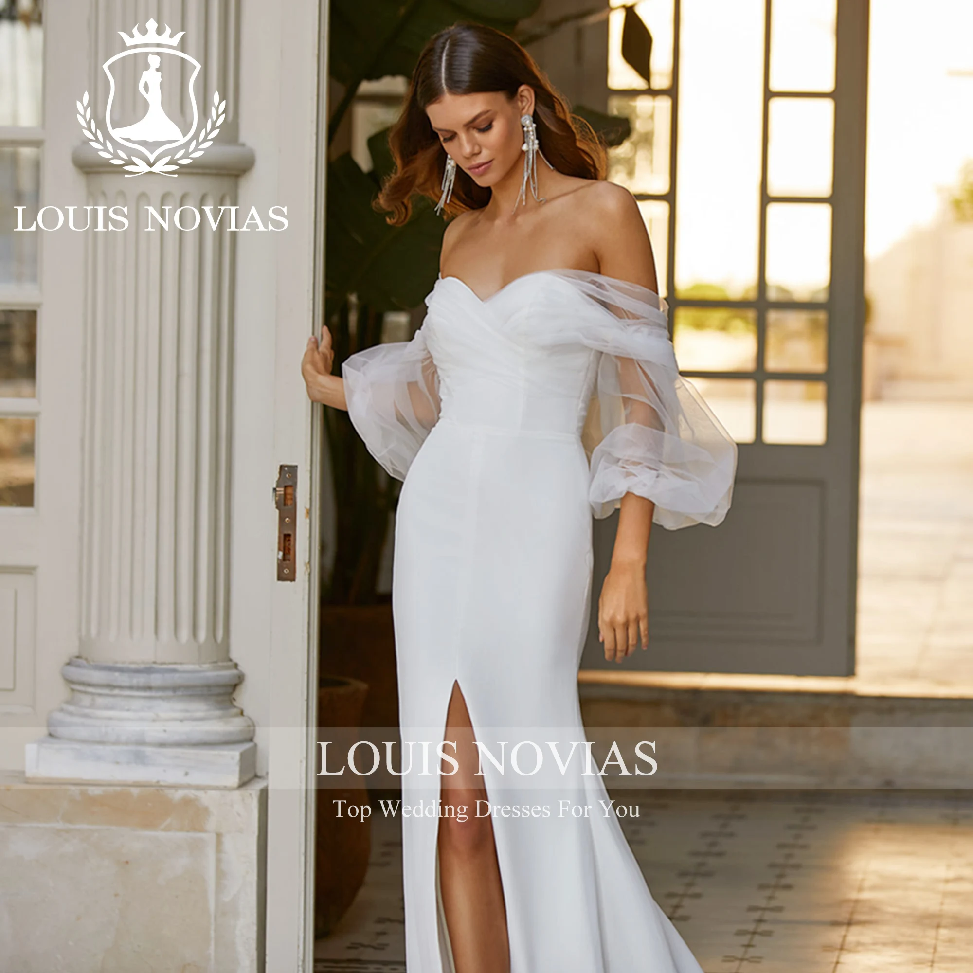 

LOUIS NOVIAS Mermaid Puff Sleeve Wedding Dresses Sweetheart Thigh Split Flowy Sheath Satin Wedding Gown Vestidos De Novia