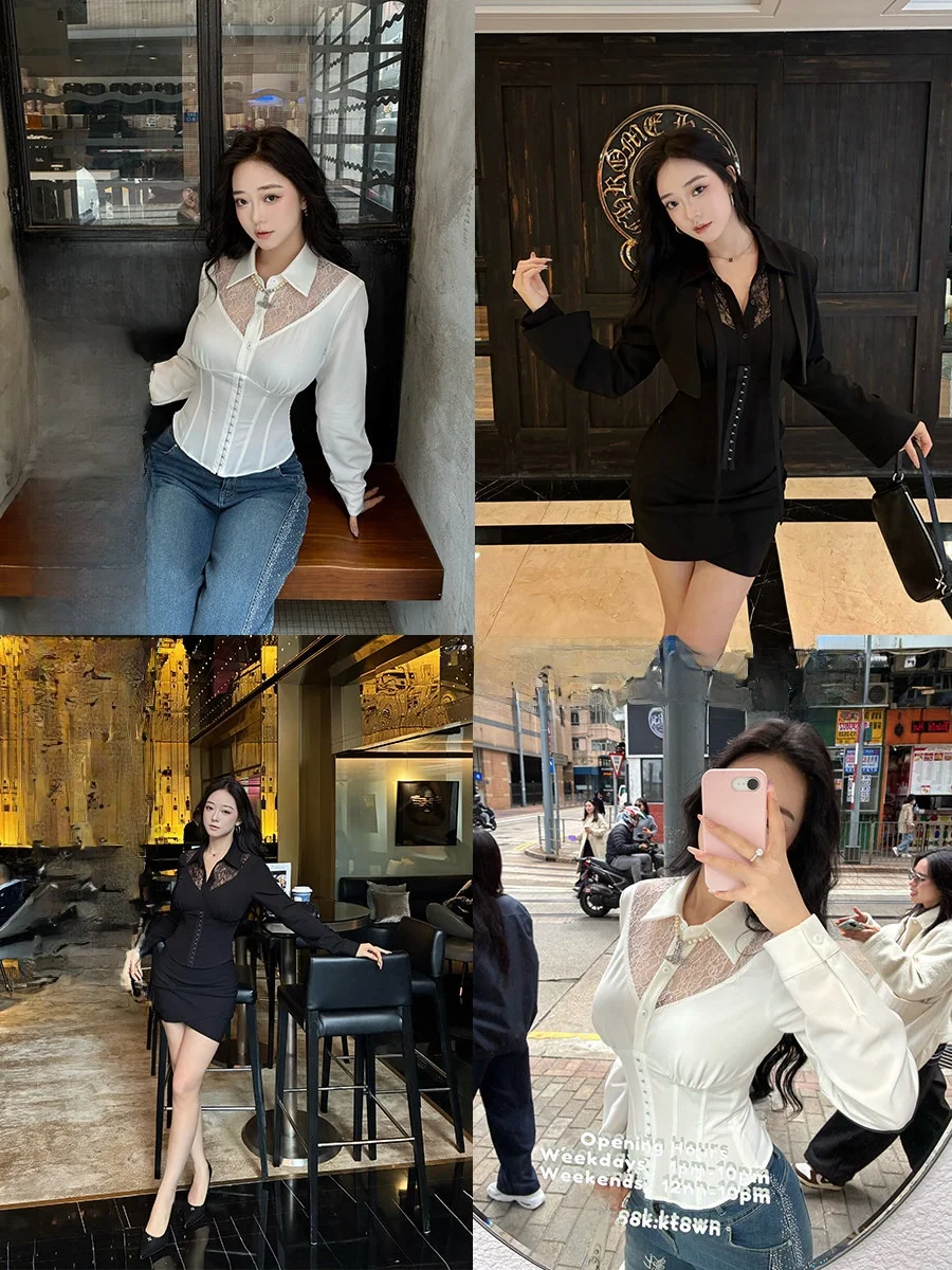 

Женская блузка Pure Desire с длинным рукавом, кружевом и пуговицами, больших размеров, из вишневой ткани, смесовый полиэстер, приталенный крой, весна 2026