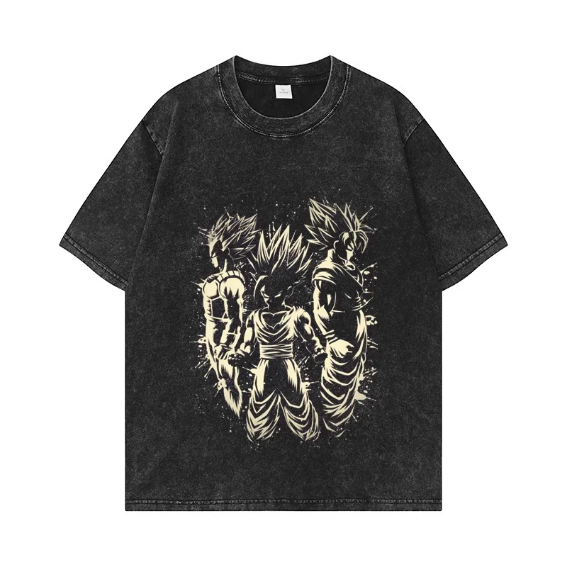 

Футболка оверсайз черная с принтом Dragon Ball Z Super Saiyan Trio Cream Splatter Acid Wash, летняя уличная одежда 2026, аниме-графика
