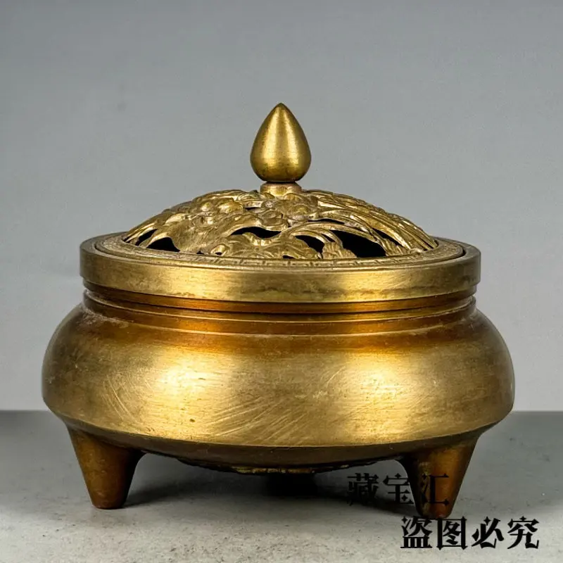 Old Collection Ancient Pure Brass Three legged Incense Burner Yellow Bright Xuande Emperor Style Six Character Ming Dynasty