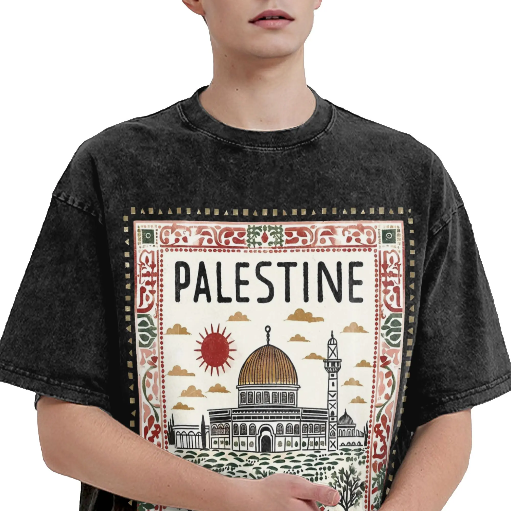 

Палестинская мечеть, стираная футболка, мужские винтажные хлопковые футболки, летняя футболка с круглым вырезом для отдыха, свободная одежда больших размеров