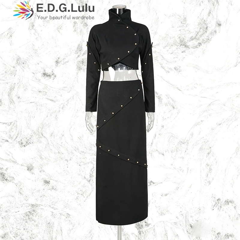 

EDGLuLu комплекты женской одежды, водолазка, короткий топ с длинными рукавами + длинная юбка с высокой талией, черный костюм с нерегулярными бусинами для ногтей 1119