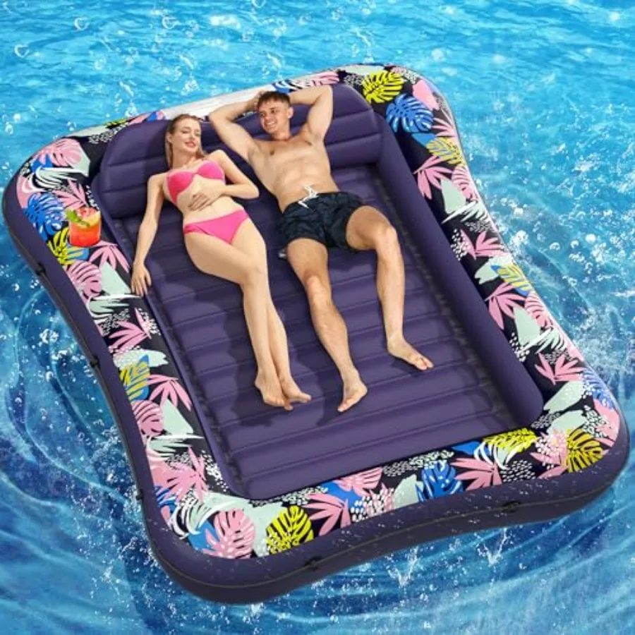 

Inflatable Tanning Pool Lounger for outdoor, seaside, garden, summer water bash; PVC purple XL 87 x 63 with headrest and cup ho