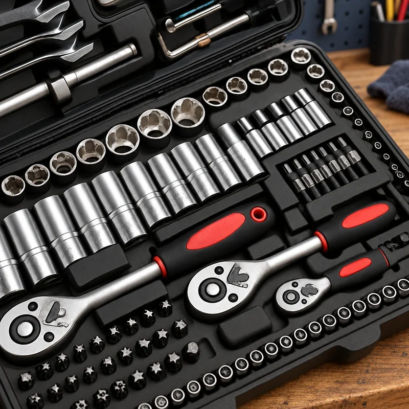 46-Piece Socket Set Including Ratchet, Extension Bars, and Carry Case, Chrome Vanadium Steel for Car Repair and Home Use