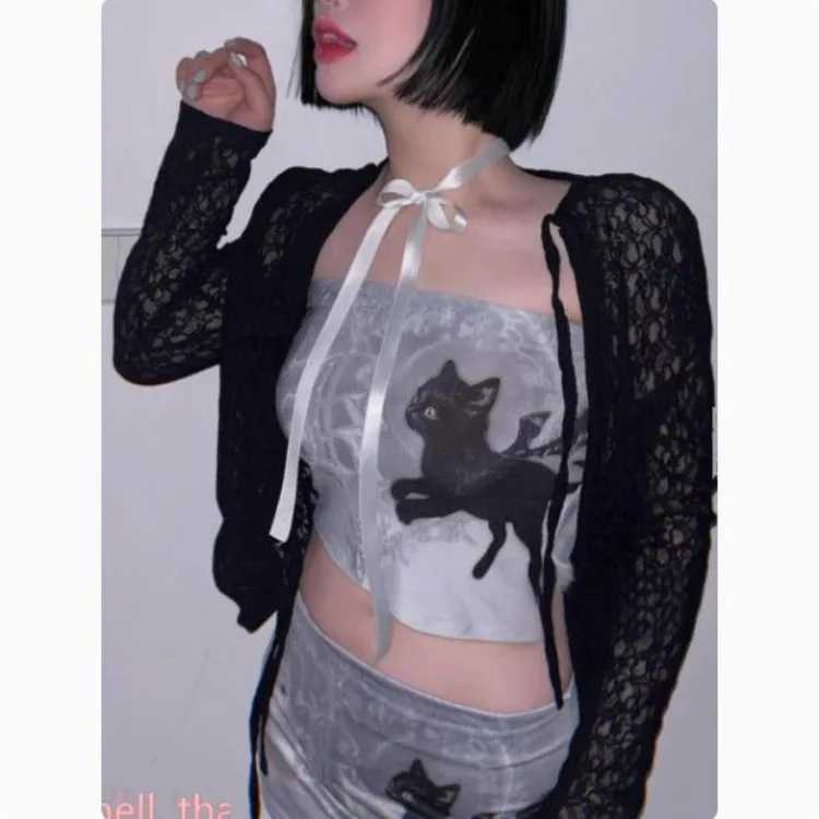 الكورية الشارع Y2k أسود أبيض القط الشرير سترة للنساء عالية الخصر Bodycon كل مباراة السراويل التنانير 2025 صيف جديد قطعتين مجموعات