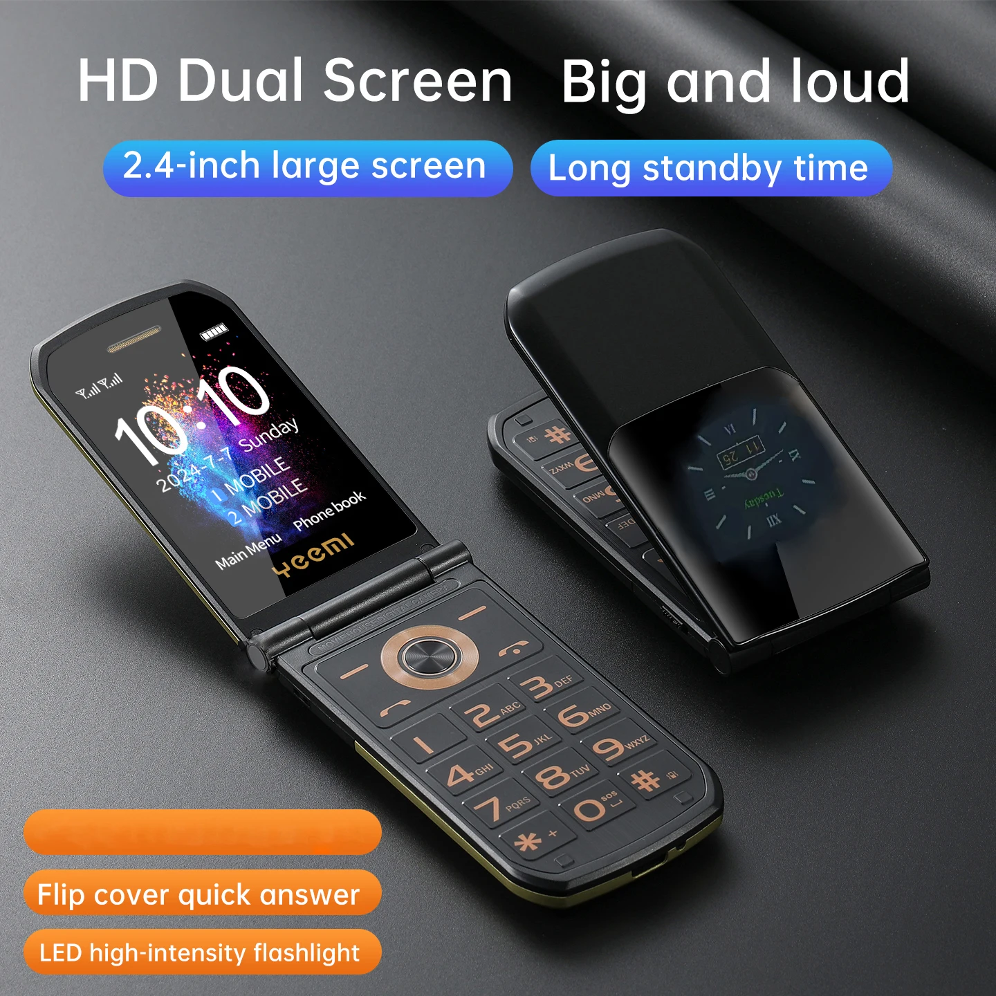 Retro Classic Clamshell Phone Large External Display Loud Speaker Long Standby SOS Call Flip Senior Mobile Phone for Elderly