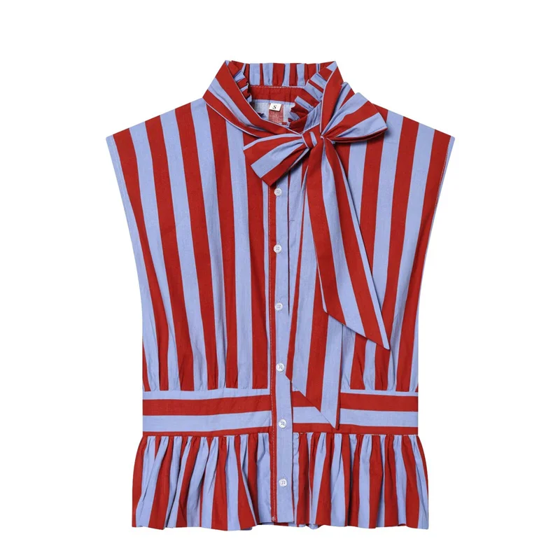 2026 New Spring/Summer Bowknot Sleeveless Striped Shirt for Women Casual Fashionable and Stylish Personality Women's Shirt