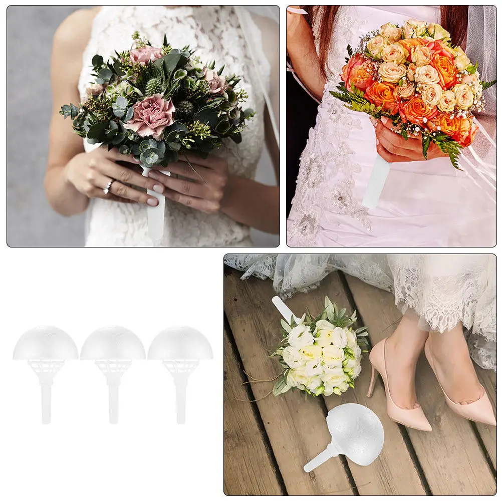 3Sets Wedding Bouquet Holders Foam Floral Handle White Color for Bride DIY Bridal Bouquet Flower Arrangement Supplies - view 2