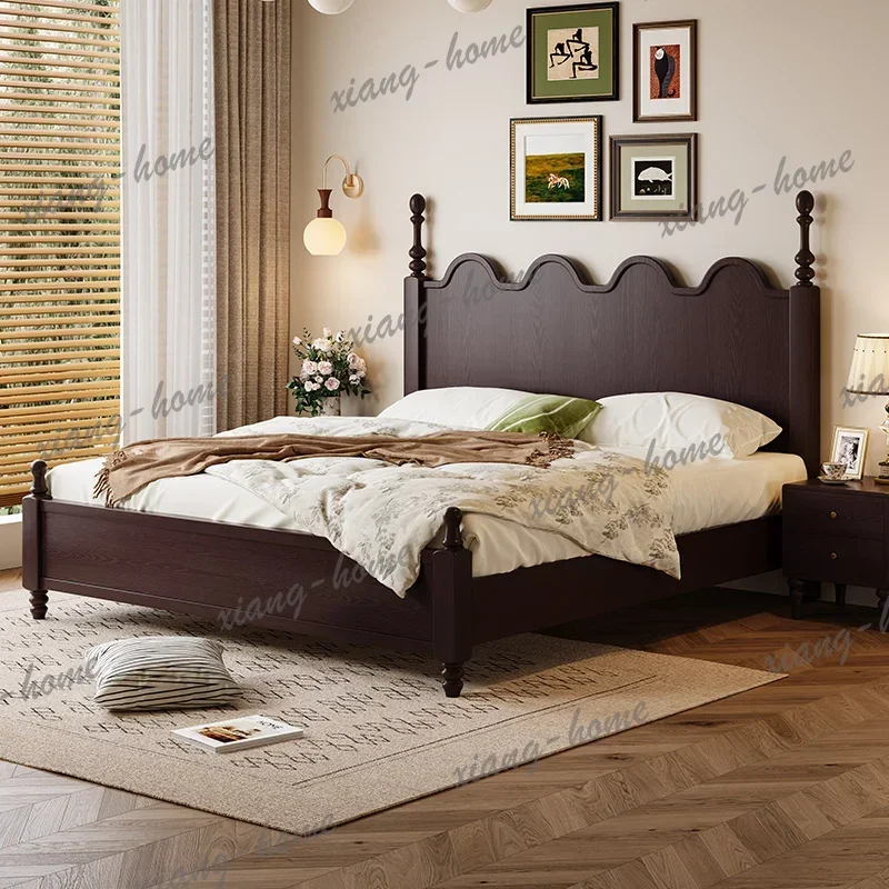 LJY French Imitation Vintage Style Solid Wood Bed Frame Minimalist Bedroom Furniture Adjustable Height Double Bed with Storage S