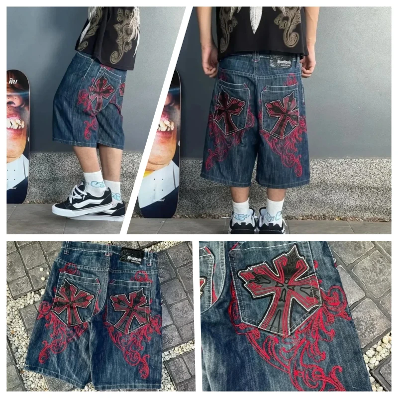 Shorts jeans de grandes dimensões neo-góticos masculinos, padrão cruzado, cintura alta, perna larga, retrô, estampado, solto, rua, casual, Y2K