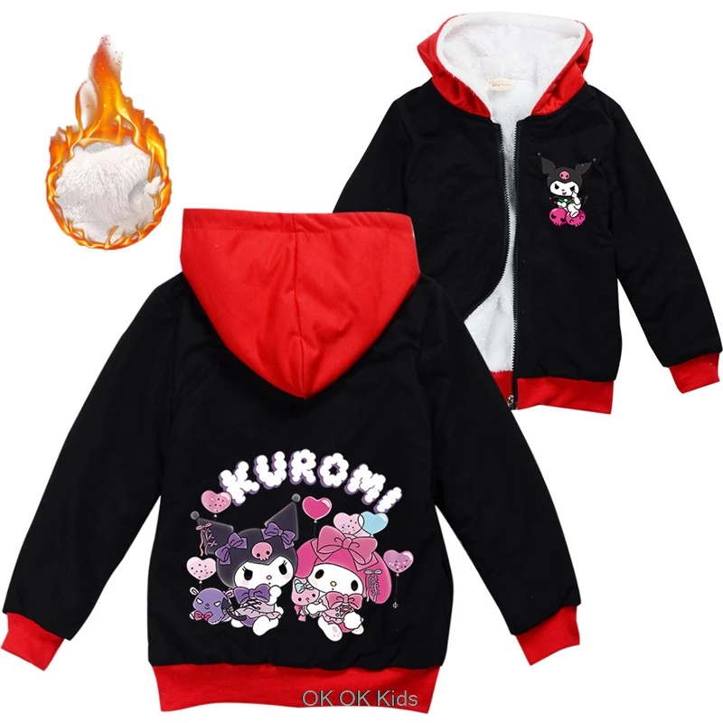 Lovely Kuromi Melody Thicken Clothes Kids Autumn Hooded Sweatshirts Baby Girls Zipper Jackets Toddler Boys Long Sleeve Coats