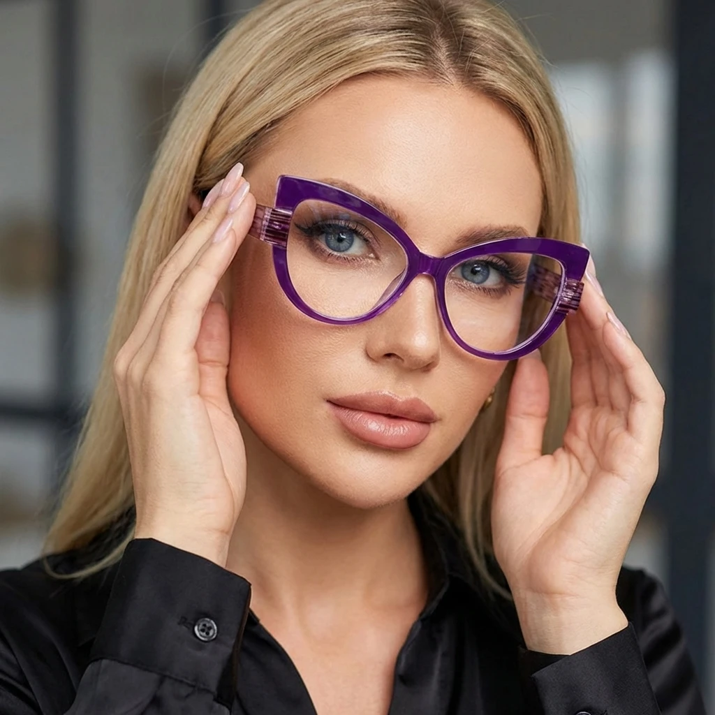 Face Slimming Cat Eye Glasses Women Patchwork Color Block Big Frame Blue Light Blocking Glasses Lightweight Computer Spectacles