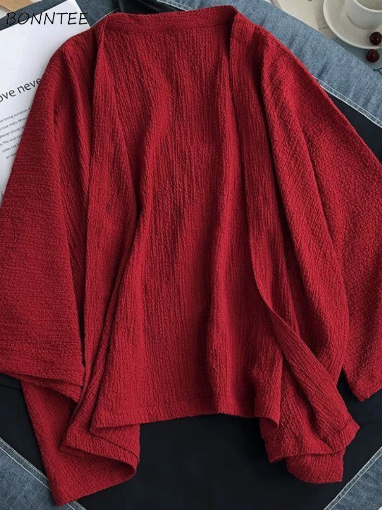 

Solid Cardigan Women Literary Long Sleeve Retro Fashion Spring Korean Style Minimalist Breathable All-match Design Female Daily
