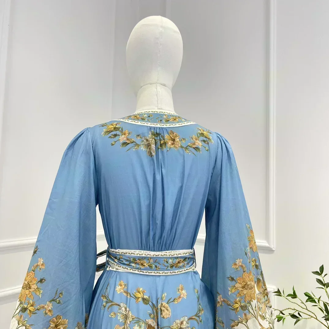 Robe mi-longue en coton à imprimé floral pour femme, manches rondes lanterne, bleu, vintage, haute qualité, printemps, été, nouveau, 2023