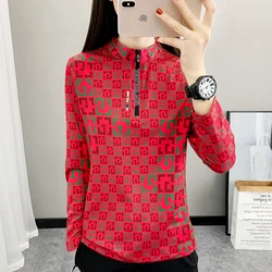 Quick Drying Long Sleeve T-Shirt for Female, Breathable Outdoor Sweatshirt, Leisure Shirts and Blouses Print, Stand Collar