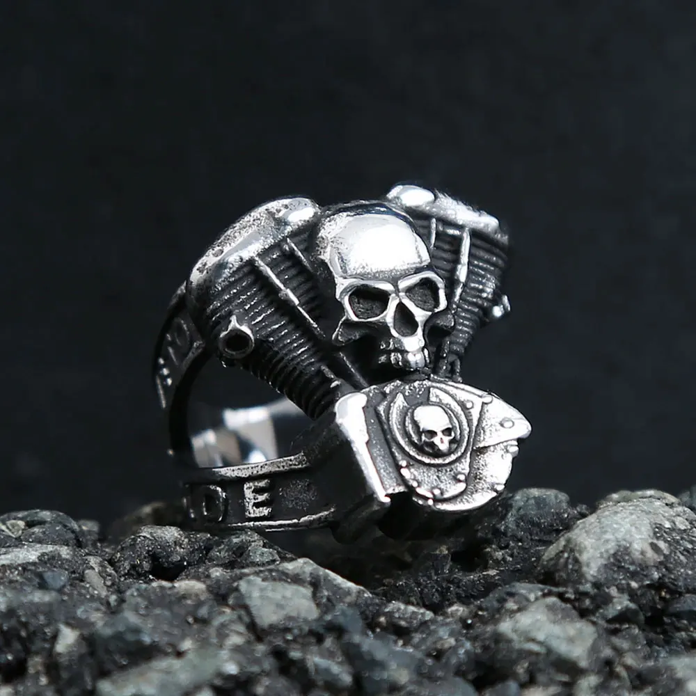 Vintage Gothic Motorcycle Engine Skull Rings for Men Boys Stainless Steel Punk Biker Ring Fashion Rider Jewelry Gift Wholesale