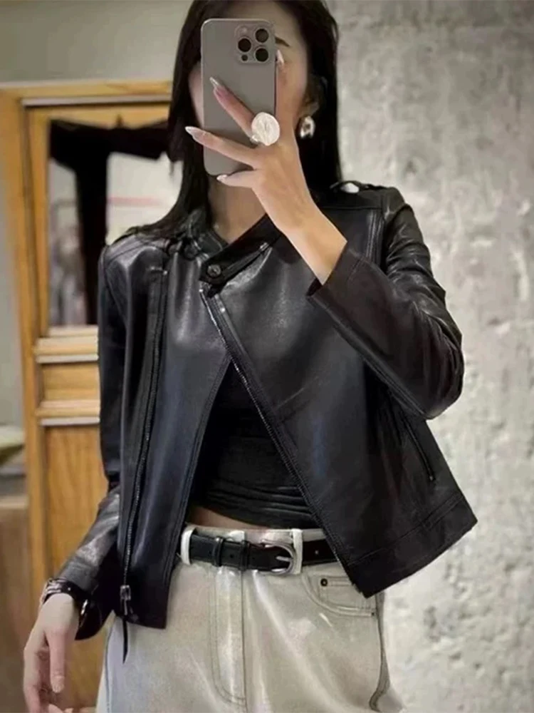 2025 frauen Klassische Frühjahr Echtem Schaffell Leder Moto Biker Stil Jacke Mantel Herbst Echt Leder Jacke