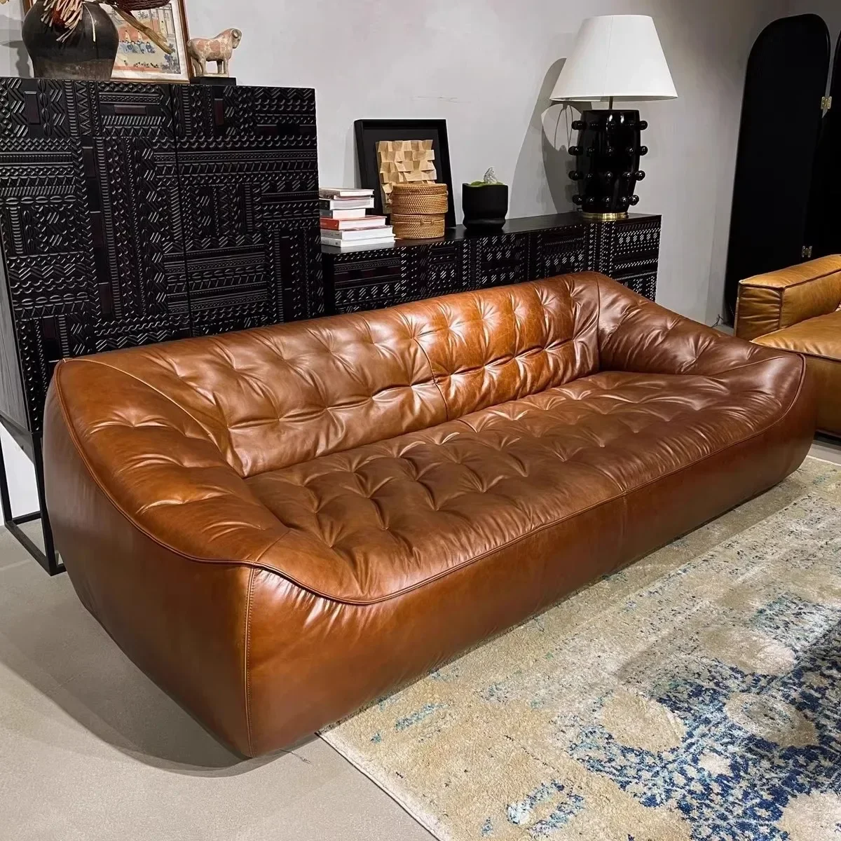 American modern living room oil wax medieval style bean bag leather sofa creative small apartment simple