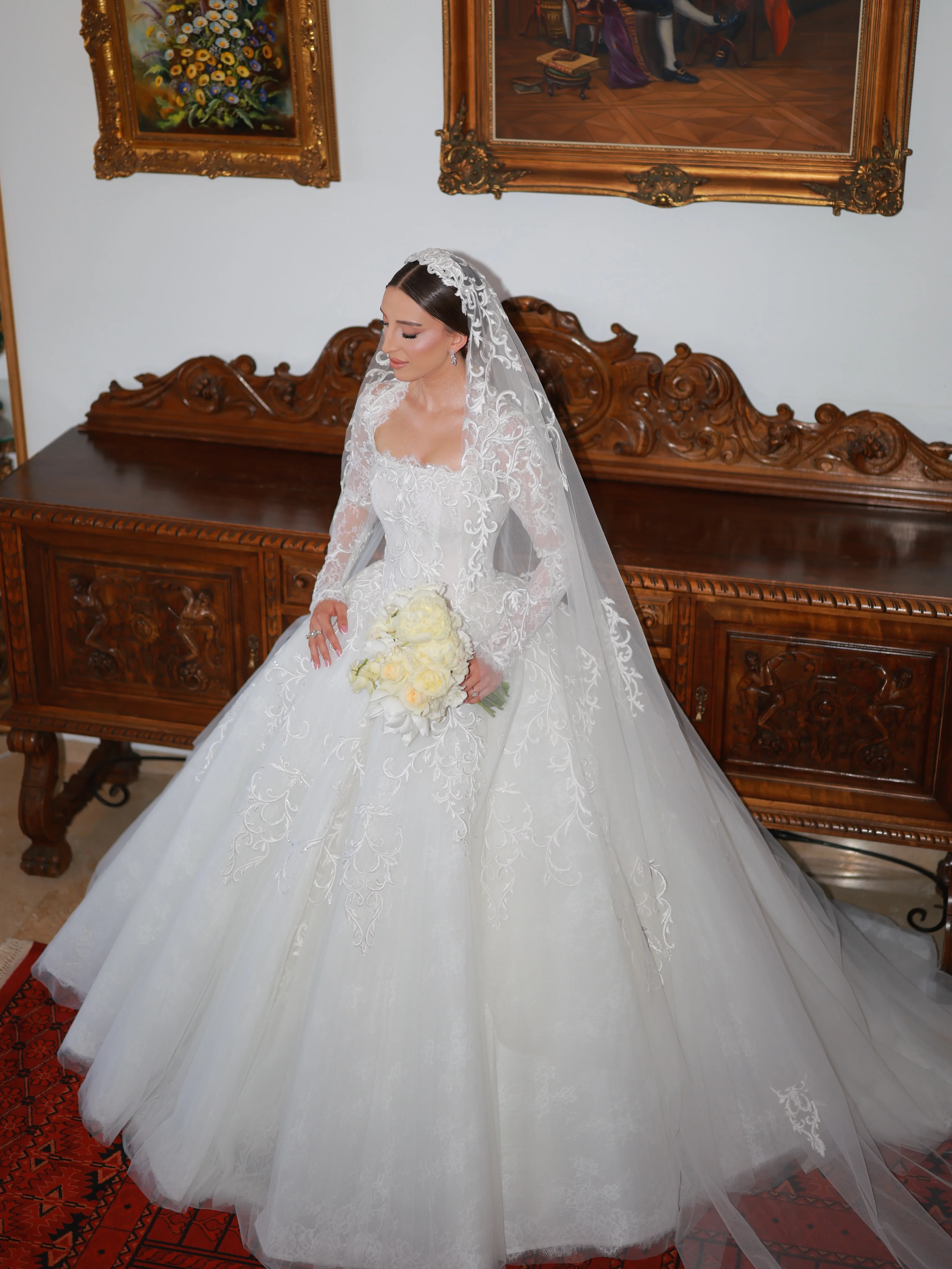 Customized High Collar Long Sleeve Lace Ball Dress A-line Square Collar Shining Bride Dress Church Train Luxury Wedding Dress