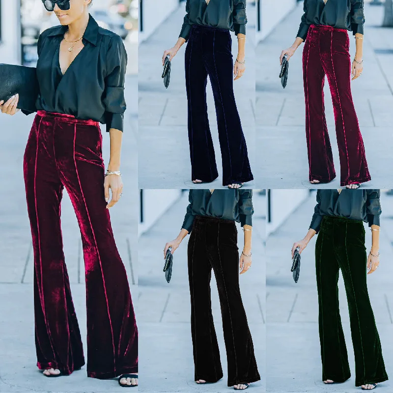 

Pleuche High Waisted Flared Pants New Vintage Wide Leg Pants Fashion Streetwear Elegant Trousers Women Clothes Pantalon Femme