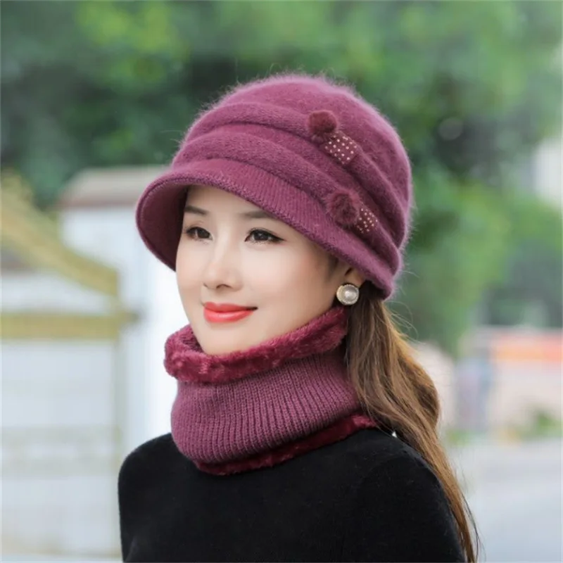 Conjunto de cachecol e boné de pele de coelho feminino, gorro de malha feminino, manter aquecido, casual, adicionar bonés de pele, inverno