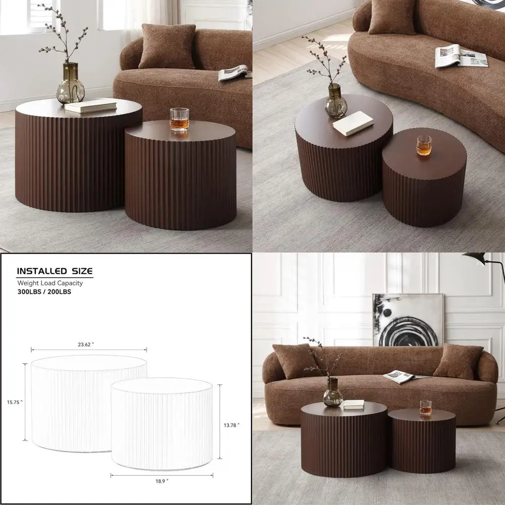 طقم طاولة قهوة متداخلة خشبية بنية حديثة، مكون من قطعتين طاولات جانبية مستديرة فاخرة لهجات غرفة المعيشة #1