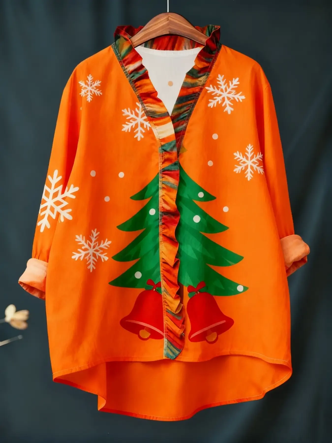 2026 new women's Christmas digital printed long sleeved shirt with ruffled collar, Loose casual semi formal top