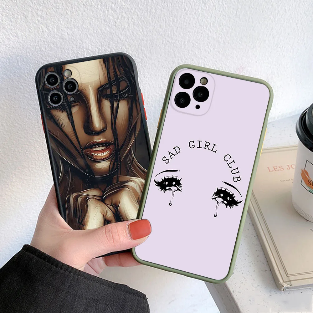 High Quality Crying Sad Girl Cartoon Phone Case For iphone 14 13 12 11 15 Pro Max 8 7 Plus SE X XS XR 6S Matte Translucent Cover