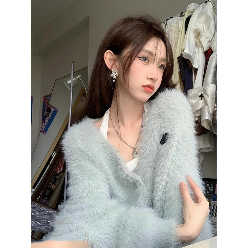 MEXZT Sweater Cardigan Women Button Fur Jackets Korean Y2K Casual Knitted Coats Autumn Winter Office Lady Sweet Loose Jumpers