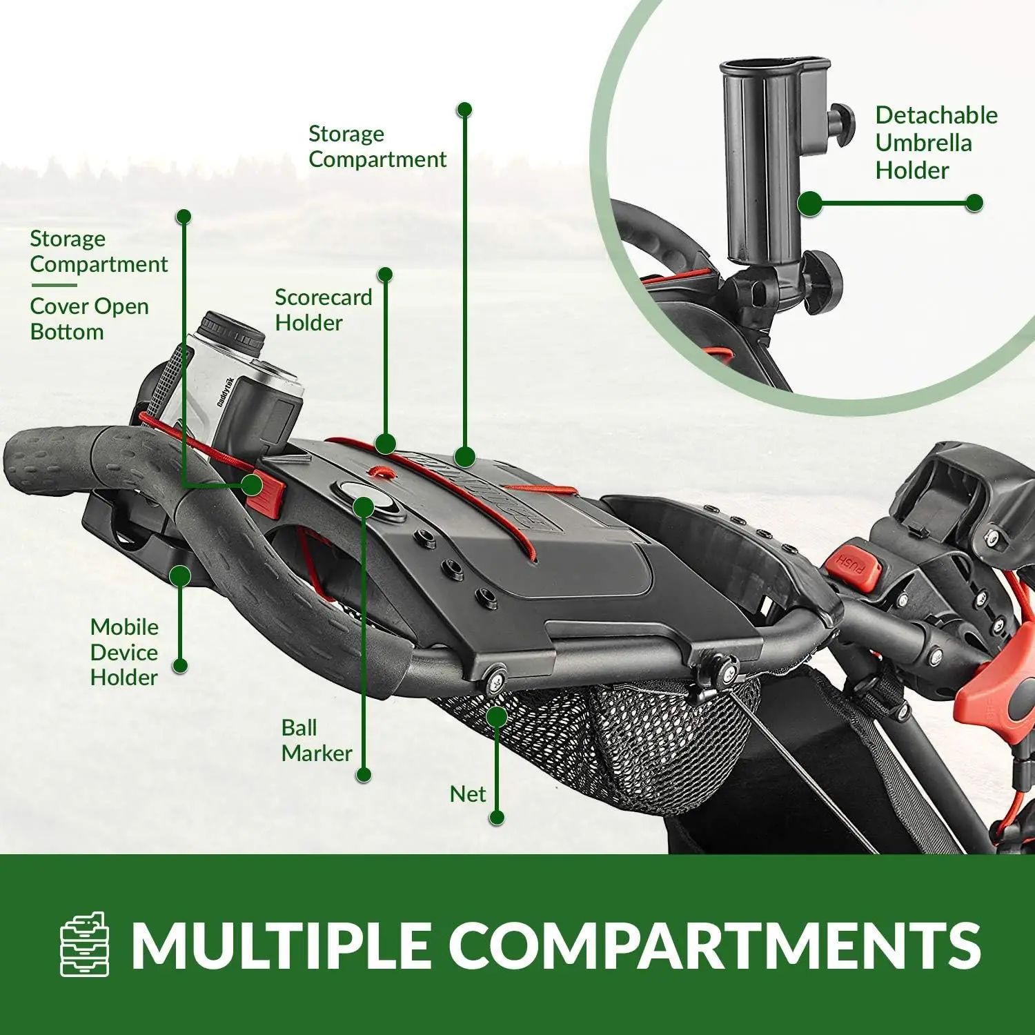 Golf Trolley，Three large 11.5" x 2.6" EVA maintenance-free wheels with ball bearings provide perfect 28 inch wide body