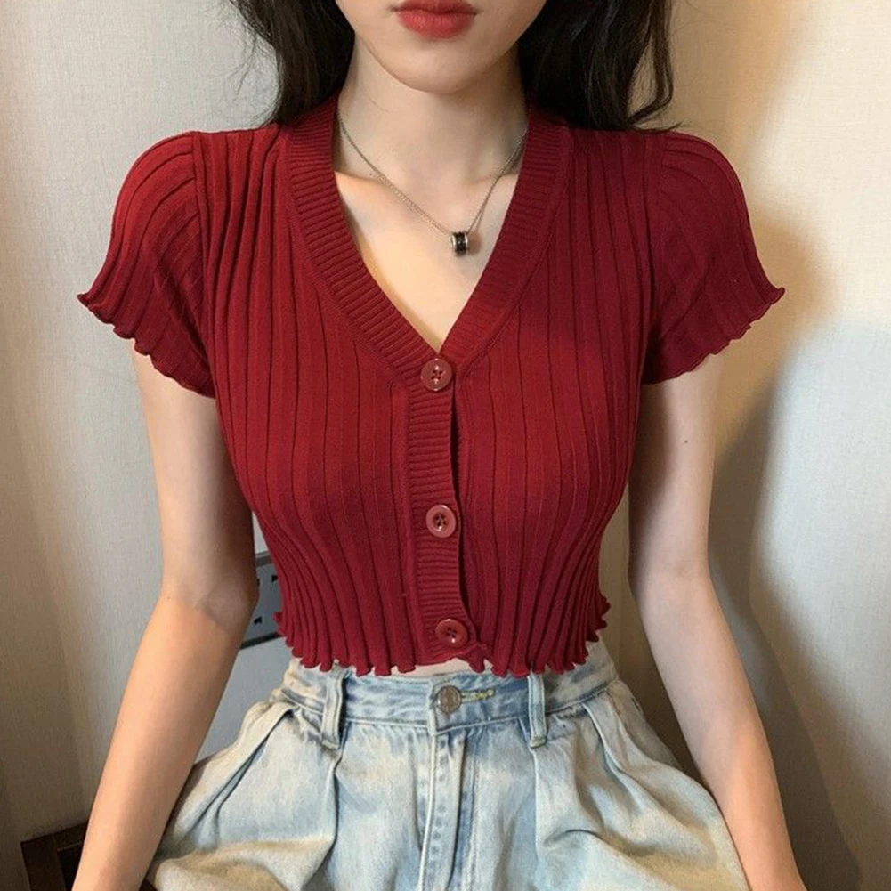 

Short Sleeve Sweater Retro V Neck Cardigan Spring Fashion Casual Style Daily Use Clothing Lightweight Material
