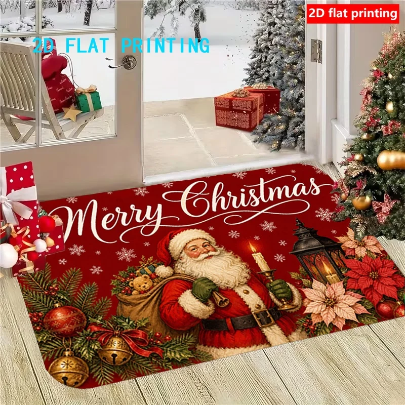 Santa Claus Merry Christmas Red Door Mat Gold Script Text Poinsettia Holly Berry Print Non Slip Washable Rug