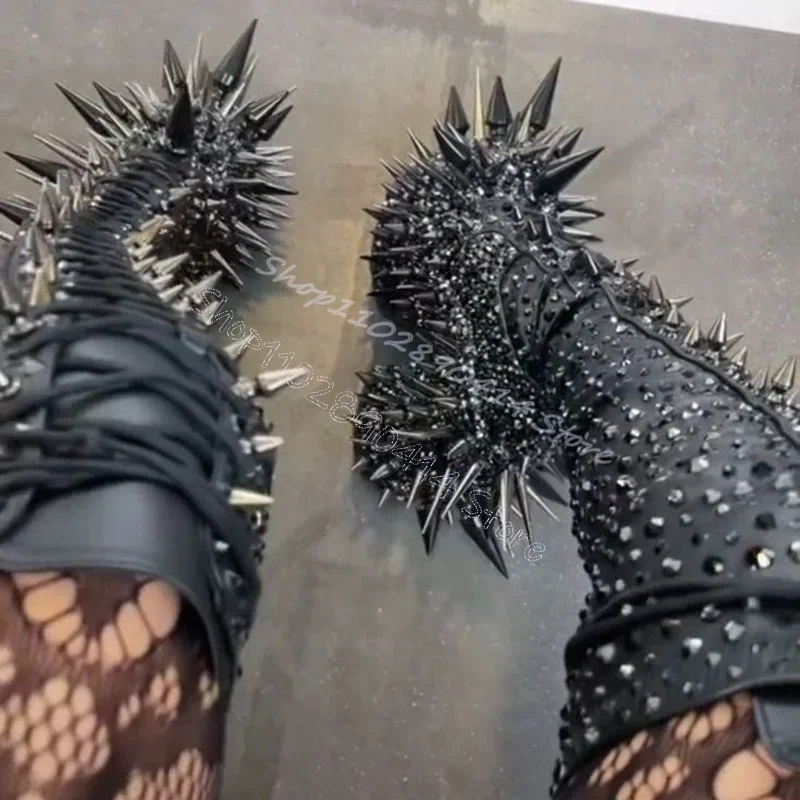 

Metal Spikes Black Rivets Cross Tied Boots Side Zipper Women Shoes Chunky High Heels Sexy Party Banquet 2024 Zapatos Para Mujere