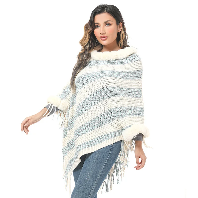 Poncho Mantel Nachahmung Otter Kaninchen Pelz Kragen gestrickte Pullover Cape Damen Chenille warm gestreiften Schal gestrickt Mantel Dame