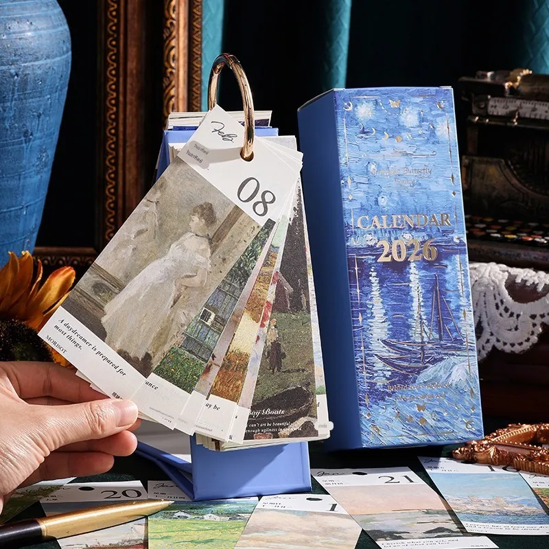 

2026Desk Calendar with Gold Ring Binding 365 Days Vintage Oil Painting Inspirational Quotes One-Way Page Turn Daily Planner