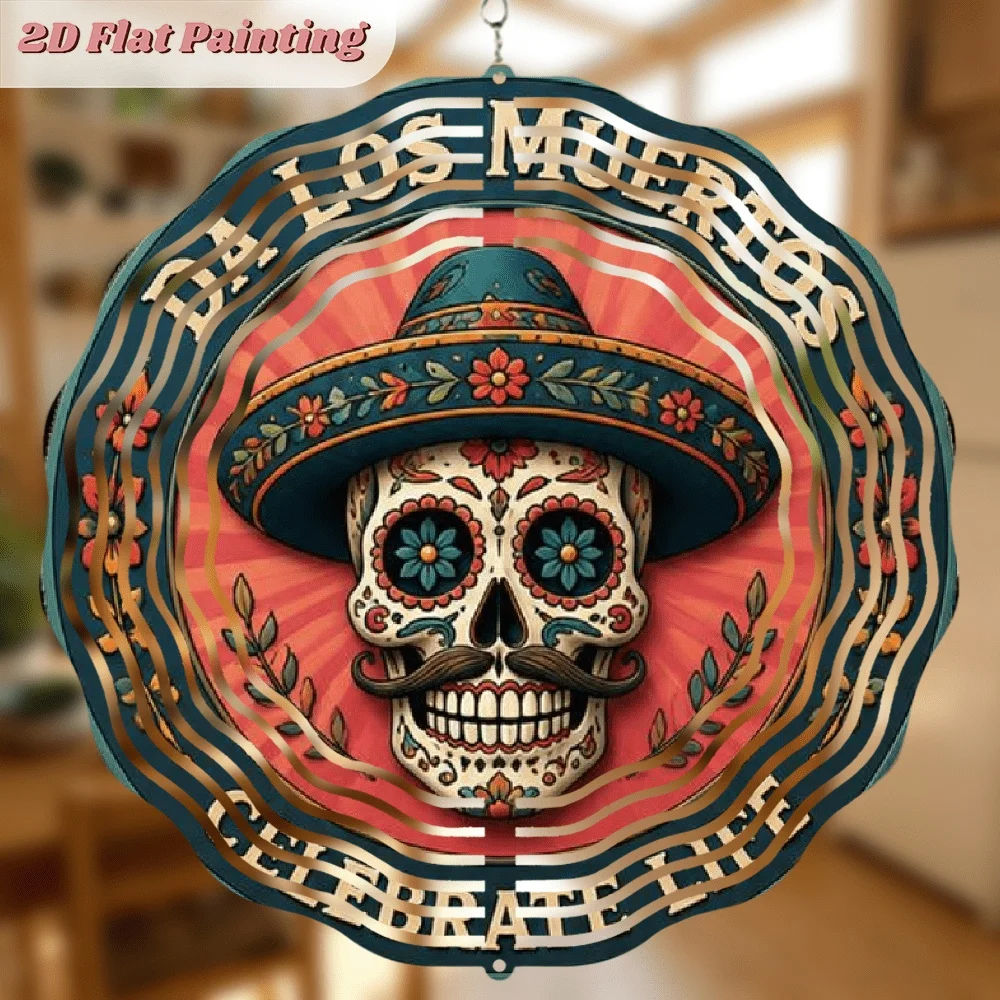 CIFbuy 360 Creative Wind Chimes Christmas Halloween Dia De Los Muertos Spinning Hanging Ornament Vintage Skull with Flowers