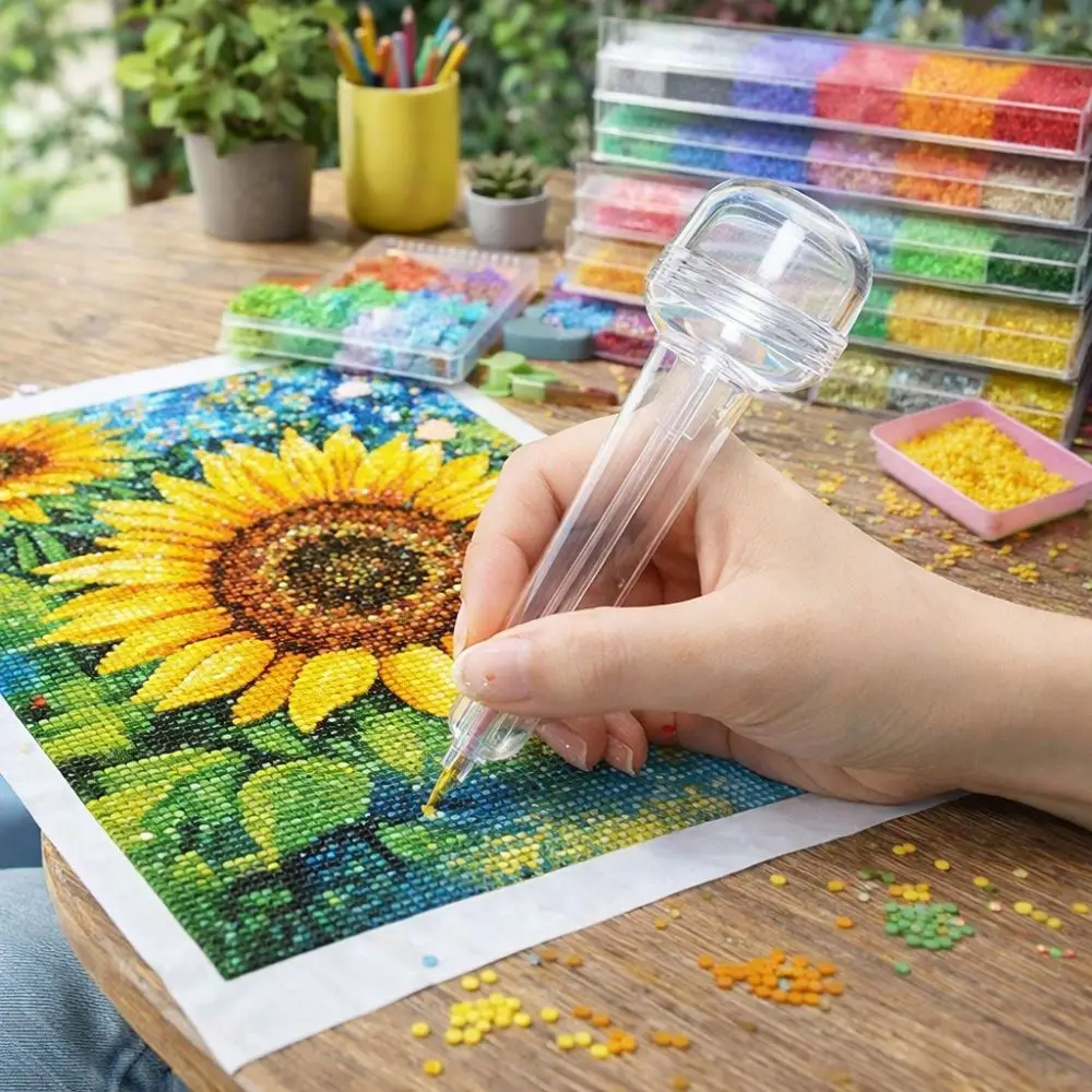 Transparent Press-Type Bead Pen 3D Pixel Puzzle Anti-slip Automatic Press Bead Pen Ergonomic with Bead Containers