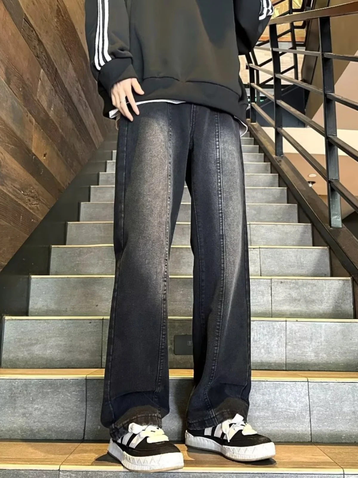 

Мужские свободные джинсы прямого кроя с эластичным поясом, повседневные брюки в американском стиле, широкие брюки с микро-клешем, длинные штаны