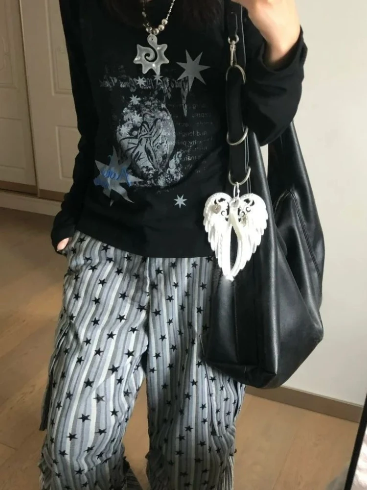 HOUZHOU Vintage Y2k Graficzne Koszulki Damskie Harajuku Gotyckie Czarne Koszulki z Długim Rękawem Grunge Retro Punk Streetwear Koszulki z Nadrukiem