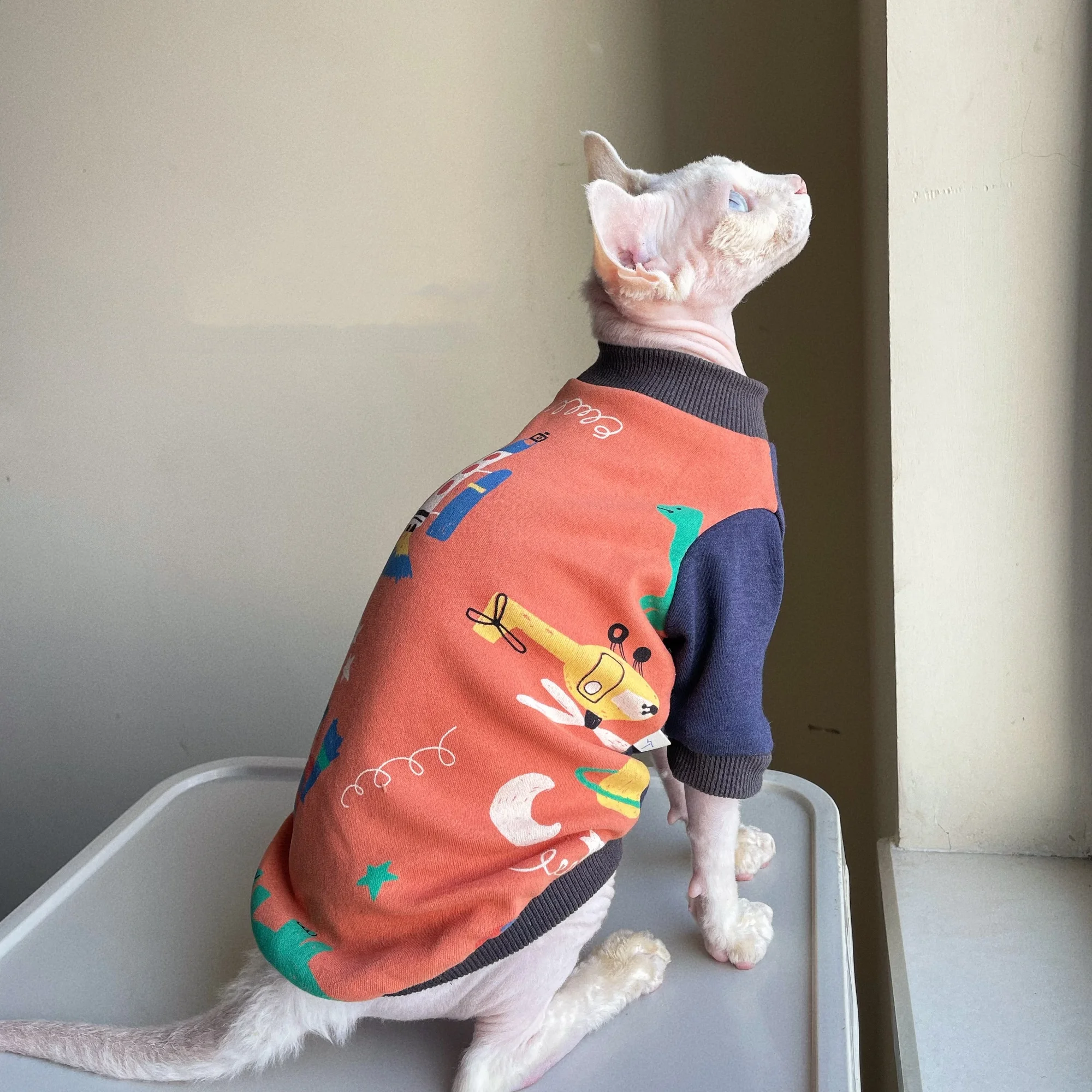 Winter Long Sleeved Sweatshirt for Sphynx Cat Soft Red Blue Cartoon Coat for Kittens in Spring Autumn Warm Pajamas for Devon Rex