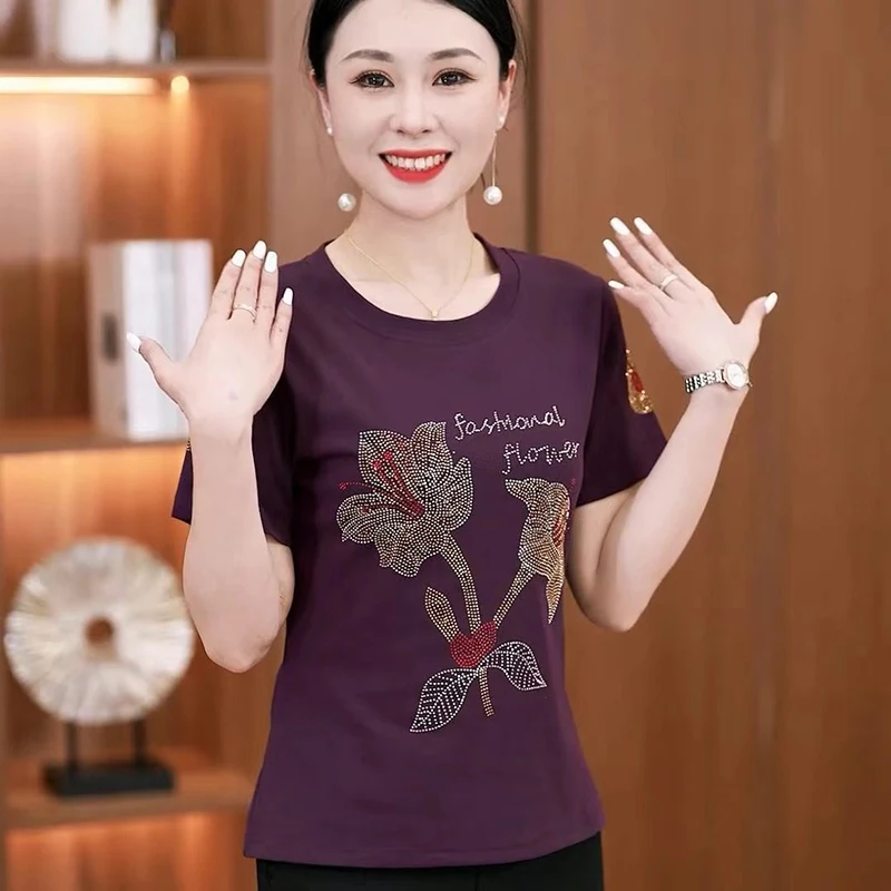 Women High Elasticity Beautiful Maple Leaves Lily Fashion Hot Drilling Y2k Tops Mother Summer Pink Short Sleeve New Top