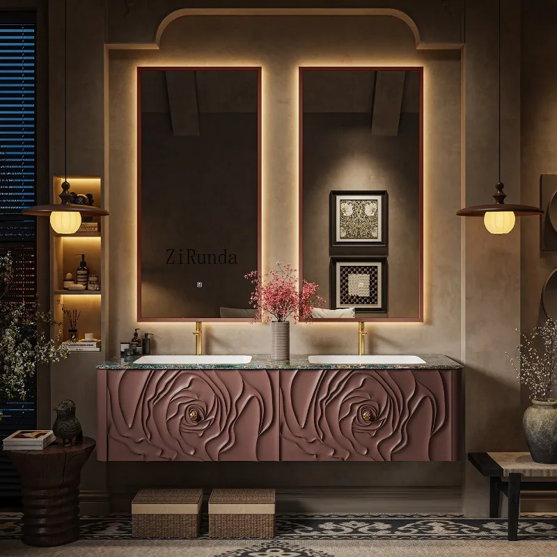 Double basin oak French floor-to-ceiling retro bathroom cabinet combination hand wash cabinet customization view 5