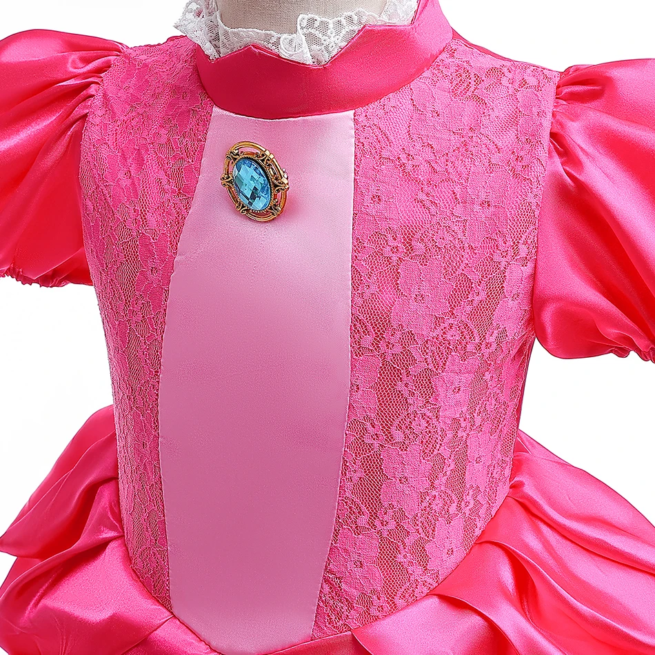 Kids Queen Peach Costume Children Cosplay Wedding Lace Dress Girls Summer Birthday Layered Dress Princess Halloween Disguise 10T