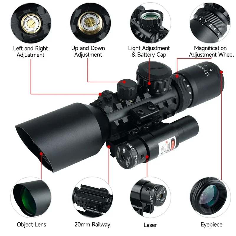 3-10x42E Tactical Sight Red Green Optical Riflescope Illuminated Adjustable Reflex Hunting Scope Cross-Hair Reticle 11/20mm Rail