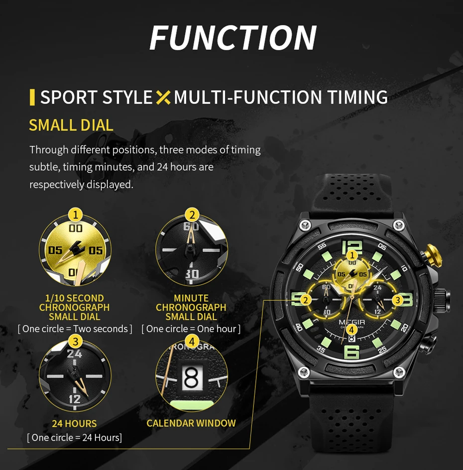 MEGIR Brand Quartz Men Watch Fashion Silicone Strap Wristwatches Casual Sport Large Dial Chronograph Luminous Hands Date Clock