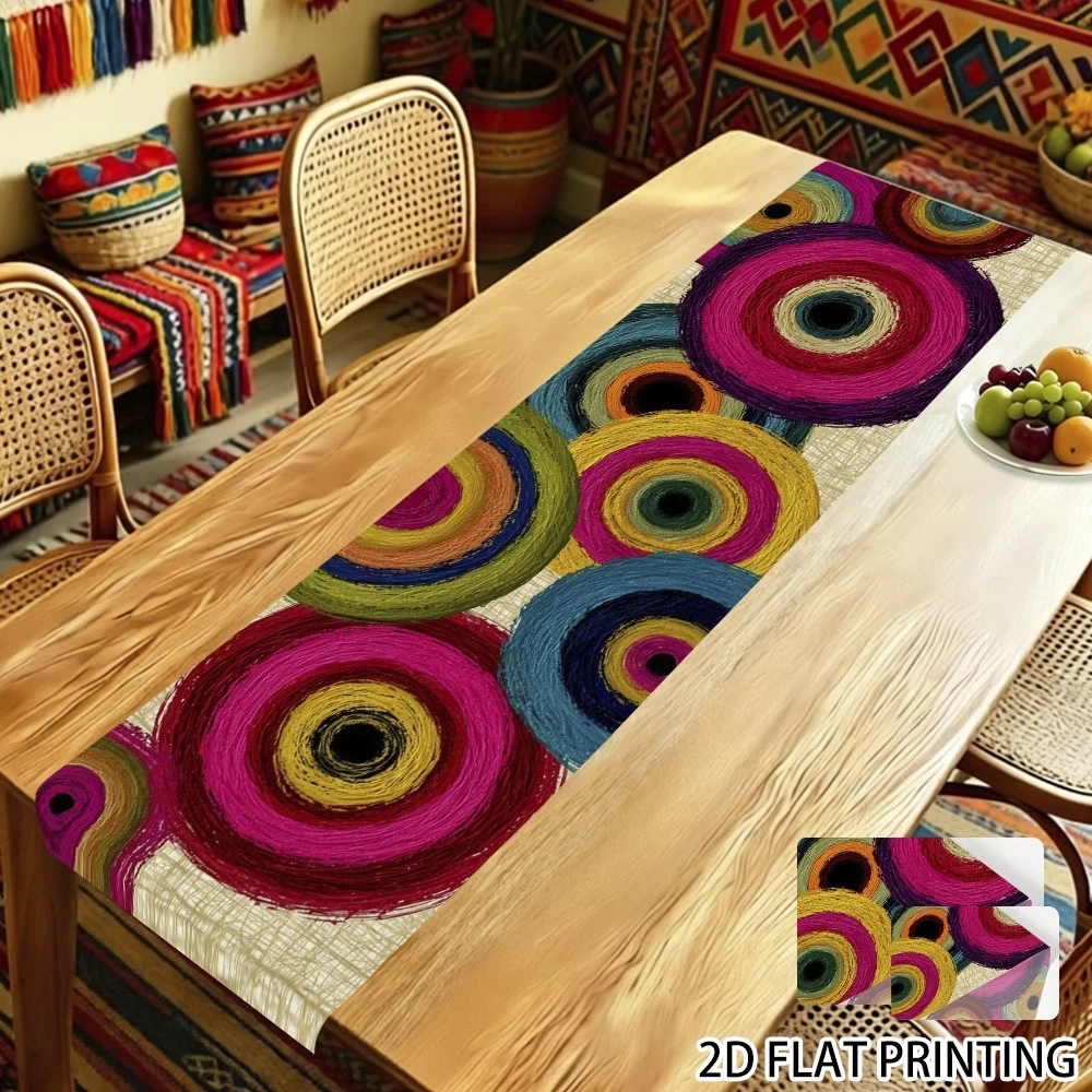 1pc Colorful Abstract Circle Print Table Runner Boho Style 2D Flat Printed Dining Table Decor for Home Kitchen Dining Room