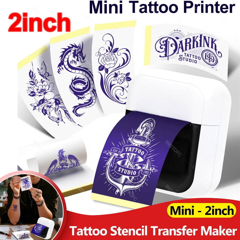 2inch Mini Pocket Tattoo Stencil Printer for Small Graphics, Beginners, Bluetooth Thermal Tattoo Maker & Tattoo Transfer Paper