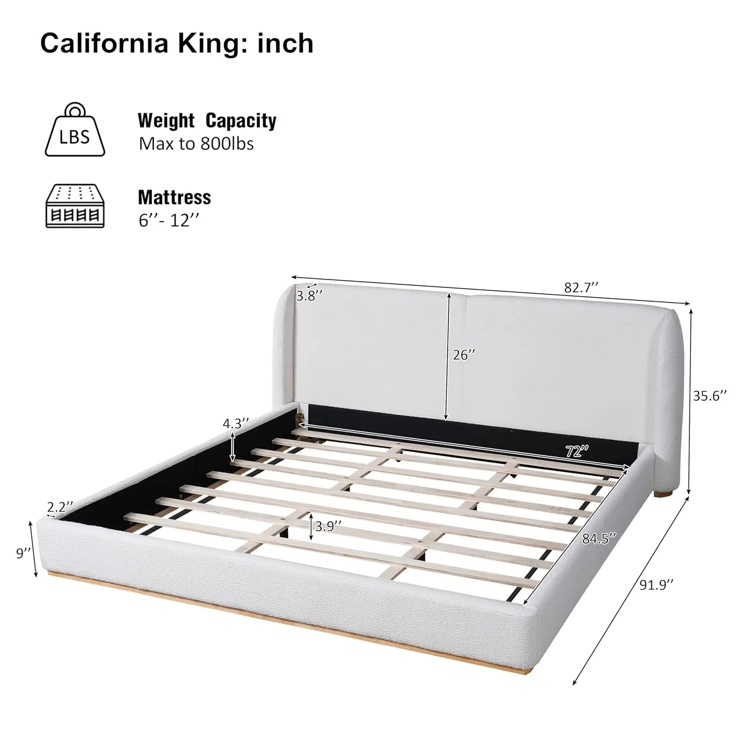 California King Size Upholstered Ground Bed Frame with Boucle Wingback Headboard, Modern White Fabric Platform Bed, Customized image 2